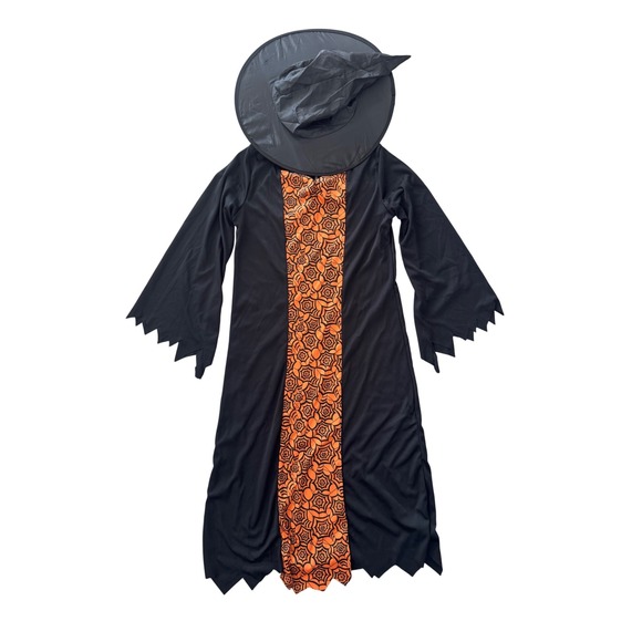 Girls Witch Costume Dress Hat Broom Halloween Spiderweb Black Orange Large‎ - Picture 5 of 10